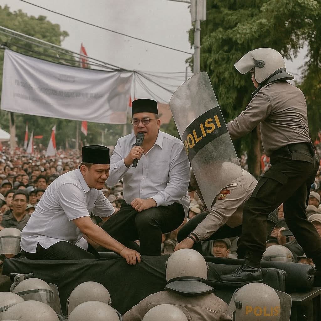 Bupati Sudewo keluar menemui massa dari atas kendaraan polisi. Ia menyampaikan permintaan maaf secara langsung. (Facebook Rosadi Jamani)